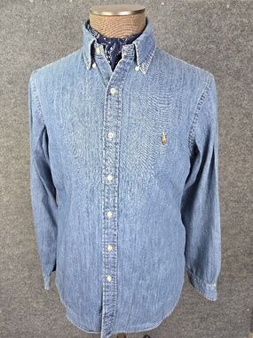 Polo Ralph Lauren Classic Fit Denim Button Down Shirt Blue Size L PERFECT PATINA